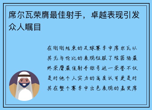 席尔瓦荣膺最佳射手，卓越表现引发众人瞩目