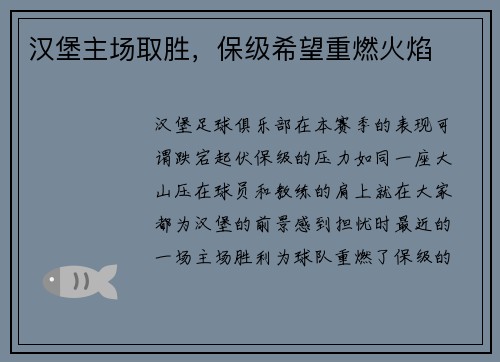 汉堡主场取胜，保级希望重燃火焰